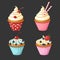 Set of sweet cupcakes. Vector pastries decorated with cherry, strawberries, blueberries, sweets.