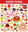 set of sweet food with cake, cookies, jelly, donuts, chocolate and candies