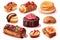 Set of sweet homemade confectionery cake, eclairs, brownie on a white background. Generative AI