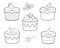 A set of sweets for coloring. Vector cupcakes, fruit cakes and sweets. Cakes with cream and icing, lemon, strawberries cherries an