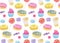 Set of sweets with donuts, candy, capcake, lollipop, chupa chups, macaroons and cup of coffee. Colorful watercolor pattern.