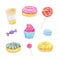 Set of sweets with donuts, candy, capcake, lollipop, chupa chups, macaroons and cup of coffee. Colorful watercolor pattern.