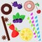 Set of sweets, flat illustration. Donut, berries, and lemon vector elements