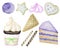 Set of Sweets hand drawn deserts with Cream and biscuit, waffle, piece of layered cake and cupcake. Watercolor delicious