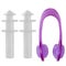 Set for swimming, silicone earplugs and a lilac clip on the nose, on a white background