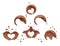 Set of swirl circle chocolate or coffee waves or flow splashes, pouring twisted hot melted milk chocolate sauce or syrup, cocoa