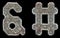 Set of symbols ampersand and hash made of industrial metal on black background 3d