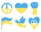 A set of symbols in the colors of the Ukrainian flag. A symbol of peace, a hand of solidarity, a flag, a heart and a