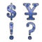 Set of symbols dollar, yen, exclamation mark, question mark made of painted metal with blue rivets on white background