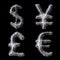 Set of symbols dollar, yen, lira, euro made of forged metal isolated on black background. 3d