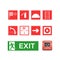 Set symbols, logos, icons, hose, ladder, emergency exit, alarm button.