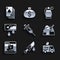 Set Syringe, Bloody knife, TV News car, Murder, Internet piracy, money, Hand grenade and Playing cards icon. Vector