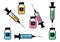 Set of syringes for injection with colorful vaccine, vials of medicine. Vector
