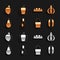 Set Tabasco sauce, Garlic, Hotdog, Chicken egg on stand, Pear, Bread loaf, Plum fruit and Bell pepper icon. Vector