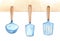 Set of tableware: ladle, kitchen spatula on the wall. Watercolor painting