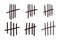 Set tally marks lines or sticks hand drawn isolated on white background. Counting waiting number on wall prison. Grunge