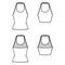 Set of Tanks halter scoop neck tops technical fashion illustration with slim fit, waist, crop length. Flat apparel