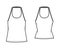 Set of Tanks halter scoop neck tops technical fashion illustration with slim, oversized fit, waist length. Flat apparel