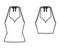 Set of Tanks halter sweetheart neck tops technical fashion illustration with bow, slim fit, waist, crop length. Flat