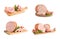 Set of tasty hams on white background