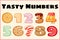 Set of tasty numbers. Delicious, sweet, glazed, chocolate, yummy, tasty, shaped font numbers. Colorful vector typography elements