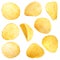 Set of tasty ridged potato chips on white