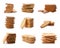 Set of tasty stacked crackers on white background