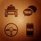 Set Taxi call telephone service, Taxi car, Steering wheel and Taxi call telephone service on wooden background. Vector