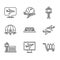 Set Taxi car roof, Plane, Trolley baggage, Airport control tower, Globe with flying plane, and icon. Vector