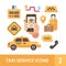 Set of taxi service flat icons. Car, luggage, taximeter, smartphone