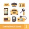 Set of taxi service flat icons. Car, taximeter, radio, mobile app
