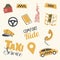 Set of Taxi Service Icons Driver Yellow Cap, Car Checkers, Smartphone and City Map, Car Steering Wheel, Retro Telephone