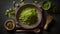 Set for tea ceremony with powdered matcha green tea in various bowls on the table, top view, dark background. Organic antioxidant