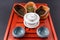 Set of teapot, three kinds of tea and four bowls