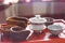 Set of teapot, three kinds of tea and four bowls