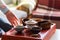 Set of teapot, three kinds of tea and two bowls