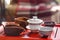 Set of teapot, three kinds of tea and two bowls