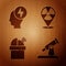 Set Telescope, Head and electric symbol, Astronomical observatory and Radioactive in location on wooden background