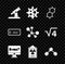 Set Telescope, Virus, Chemical formula, Equation solution, Radiation warning document, Molecule, and icon. Vector