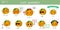 Set of ten cute kawaii pumpkin vegetable characters in various poses and accessories in cartoon style. Vector illustration, flat