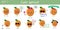 Set of ten cute kawaii ripe apricot characters in various poses and accessories in cartoon style. Vector illustration