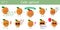 Set of ten cute kawaii ripe apricot characters in various poses and accessories in cartoon style. Vector illustration