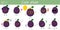 Set of ten cute kawaii ripe plum characters in various poses and accessories in cartoon style. Vector illustration, flat