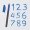 Set of ten numbers from one to nine, numbers drawn with blue pen, vector illustration