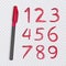 Set of ten numbers from one to nine, numbers drawn with red pen, vector illustration