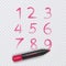 Set of ten numbers from zero to nine, numbers drawn with red marker, vector illustration