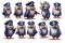 a set of ten police birds, on a white background, in a police uniform generated by AI, generative assistant.