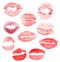 Set of ten red lips imprint isolated on white