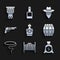 Set Tequila bottle, Saloon door, Money bag, Gun powder barrel, Lasso, Revolver gun, Cowboy and Drum icon. Vector