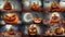 Set of terrifying Halloween pumpkins surrounded by bats, caravels, ghosts, skeletons and candy. 9 images from generative AI